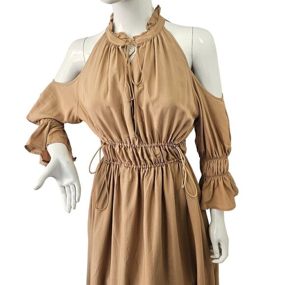 SHEIN Premium Gatherd Flowy Midi Dress Women S Cold Shoulder Halter Neck Tan NEW - Picture 7 of 8